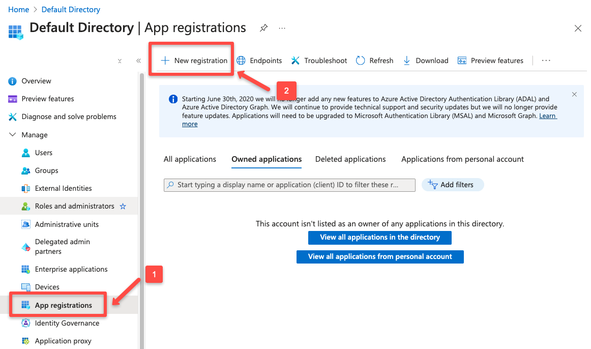 creating the new registration from the app registrations