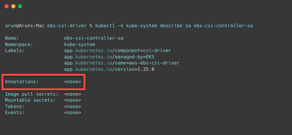 the more informations of the ebs csi driver's service account and showing the annotation.