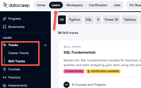 Datacamp learn option