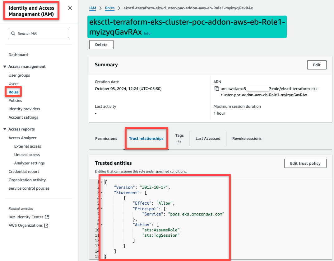 the updated trust relationship of the ebs csi driver iam role