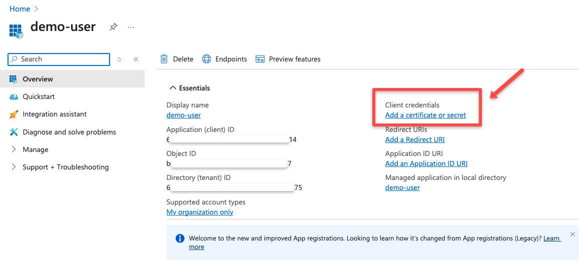 adding credentials for the app registration for the authentication