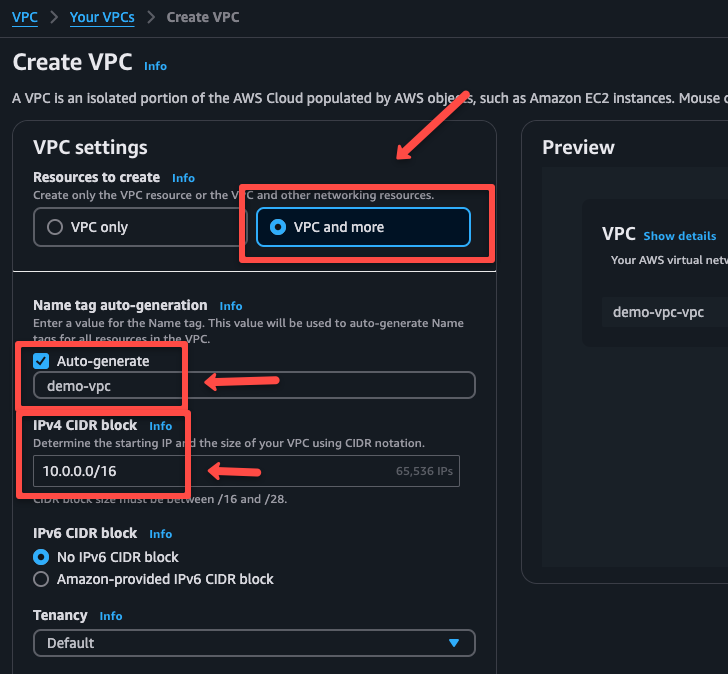 selecting vpc name and the cidr value for the vpc creation