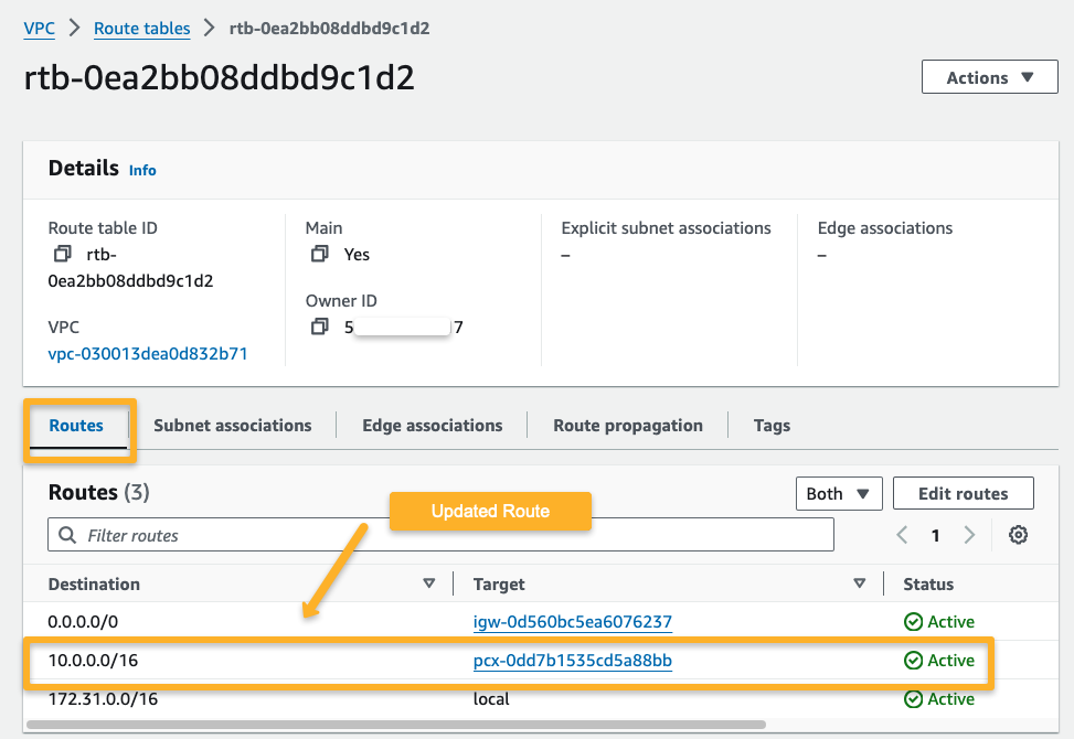 source account modified route table with the peering connection rule.