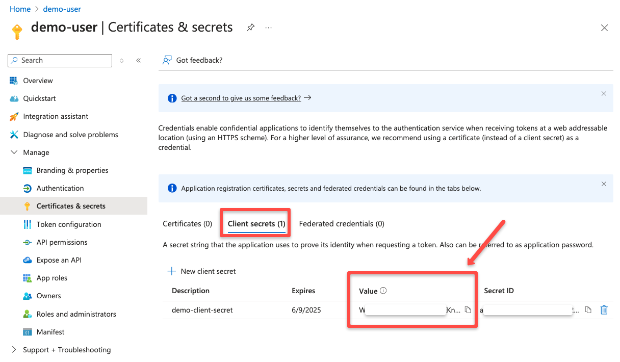 copying the secret value for the authentication from the cli