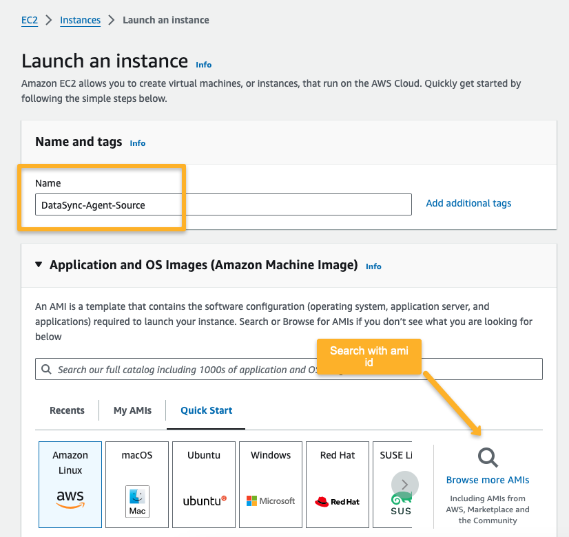 Datasync agent creation with the Datasync agent instance ami