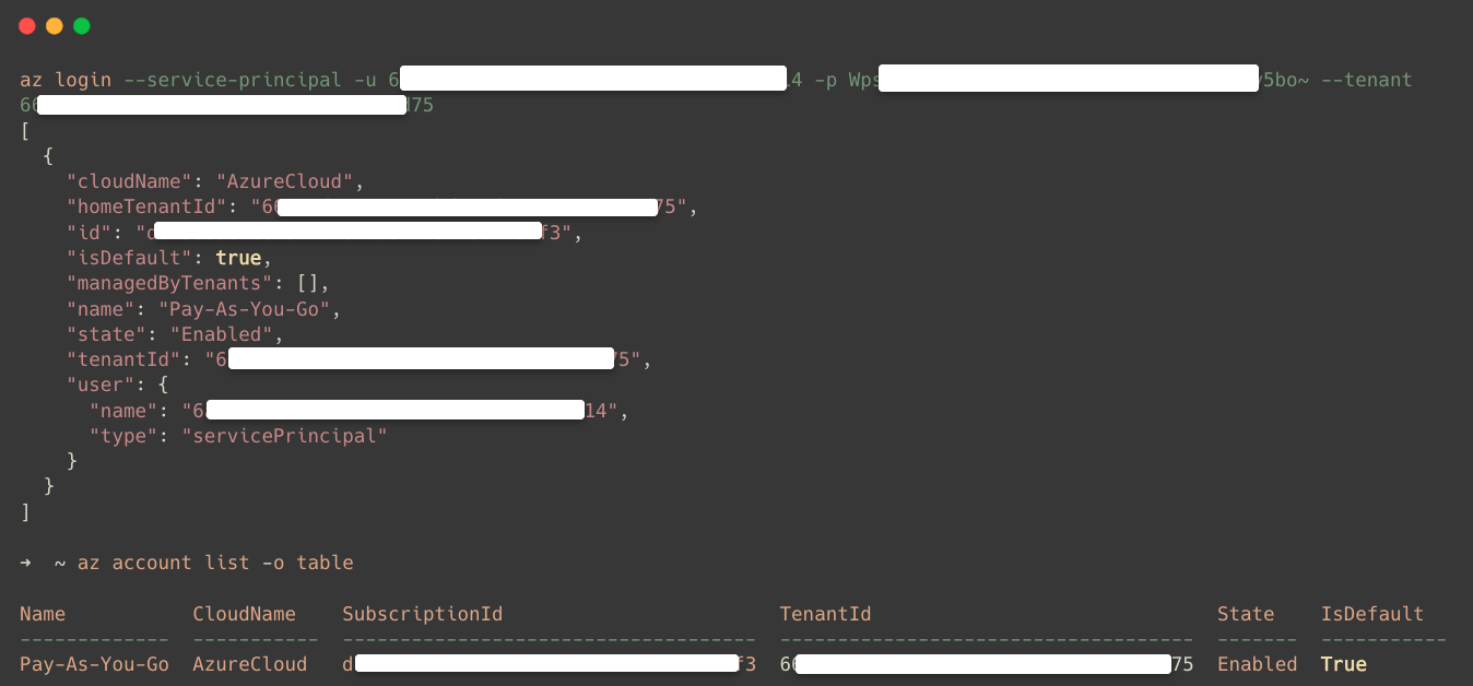 logging in with the app registration credentials from the local cli