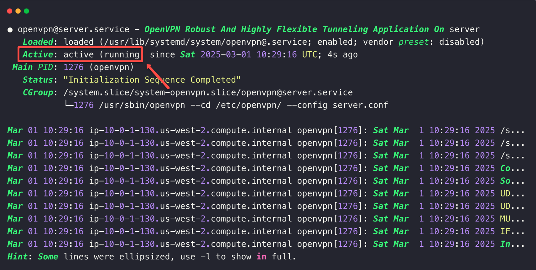 the openvpn service status output