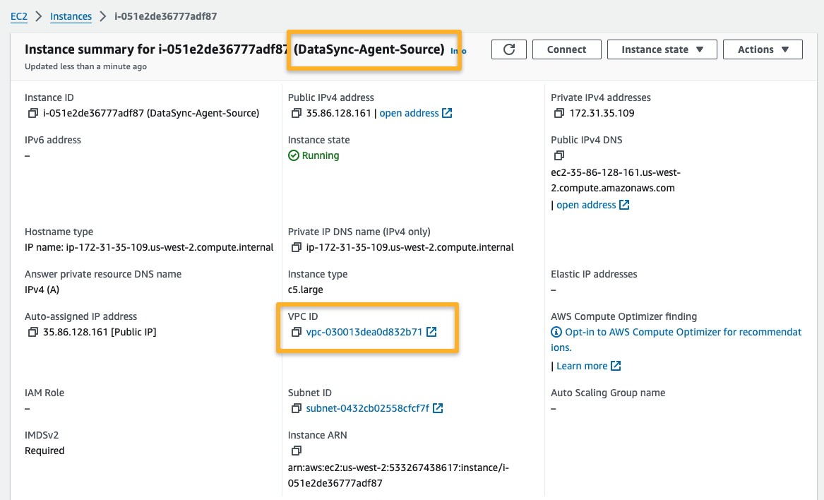 dayasync aws instance informations from the console.