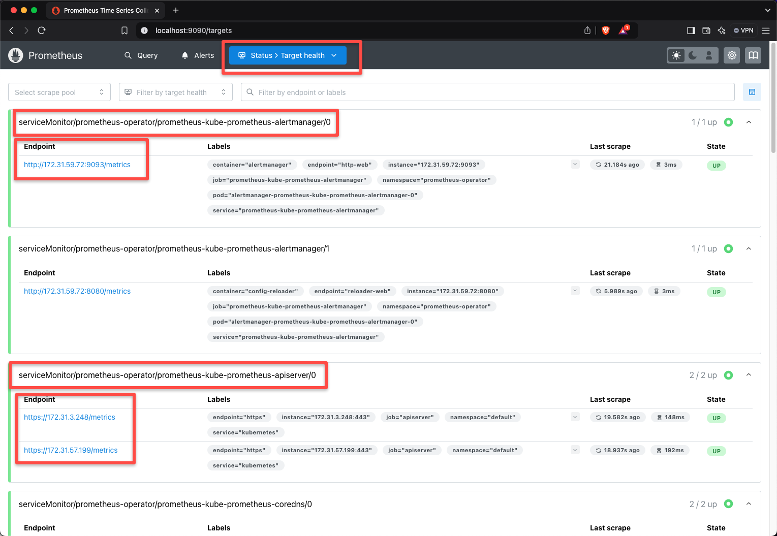 the target section of the prometheus dashboard