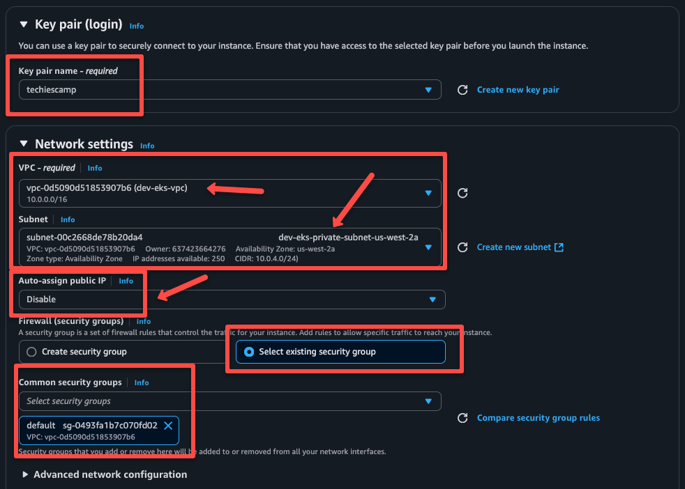 selecting the keypair and vpc as well as the subnets.