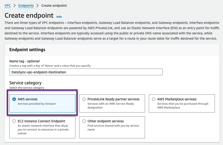 selecting aws services for the creation of the vpc endpoint 