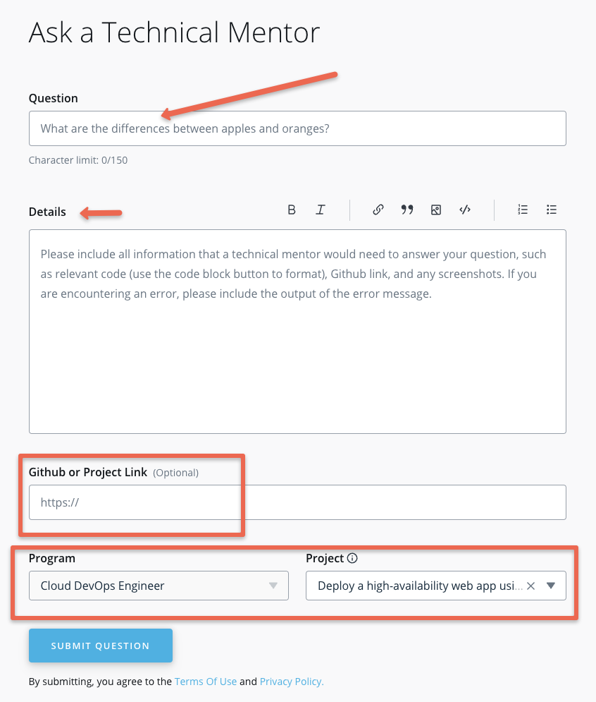 Submitting queries to Udacity Technical mentor