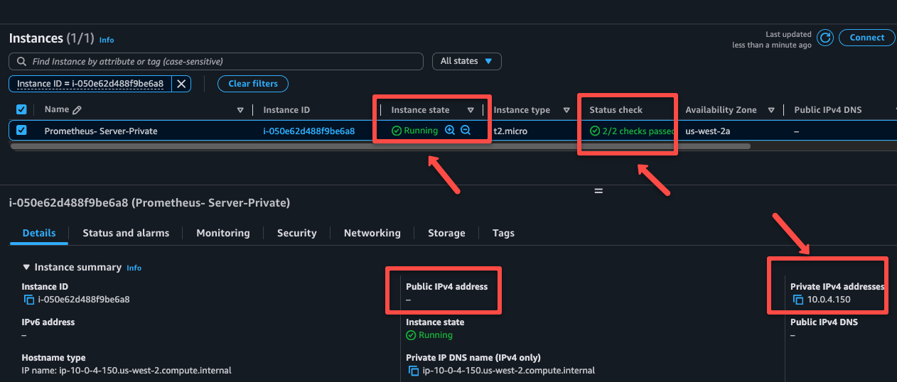 checking the status of the private server and noting down the private ip address