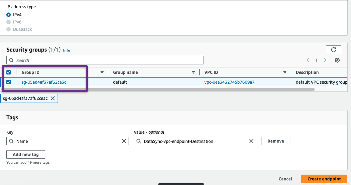 select security group and ip address type for the creation of the vpc endpoint for the datasync service. 