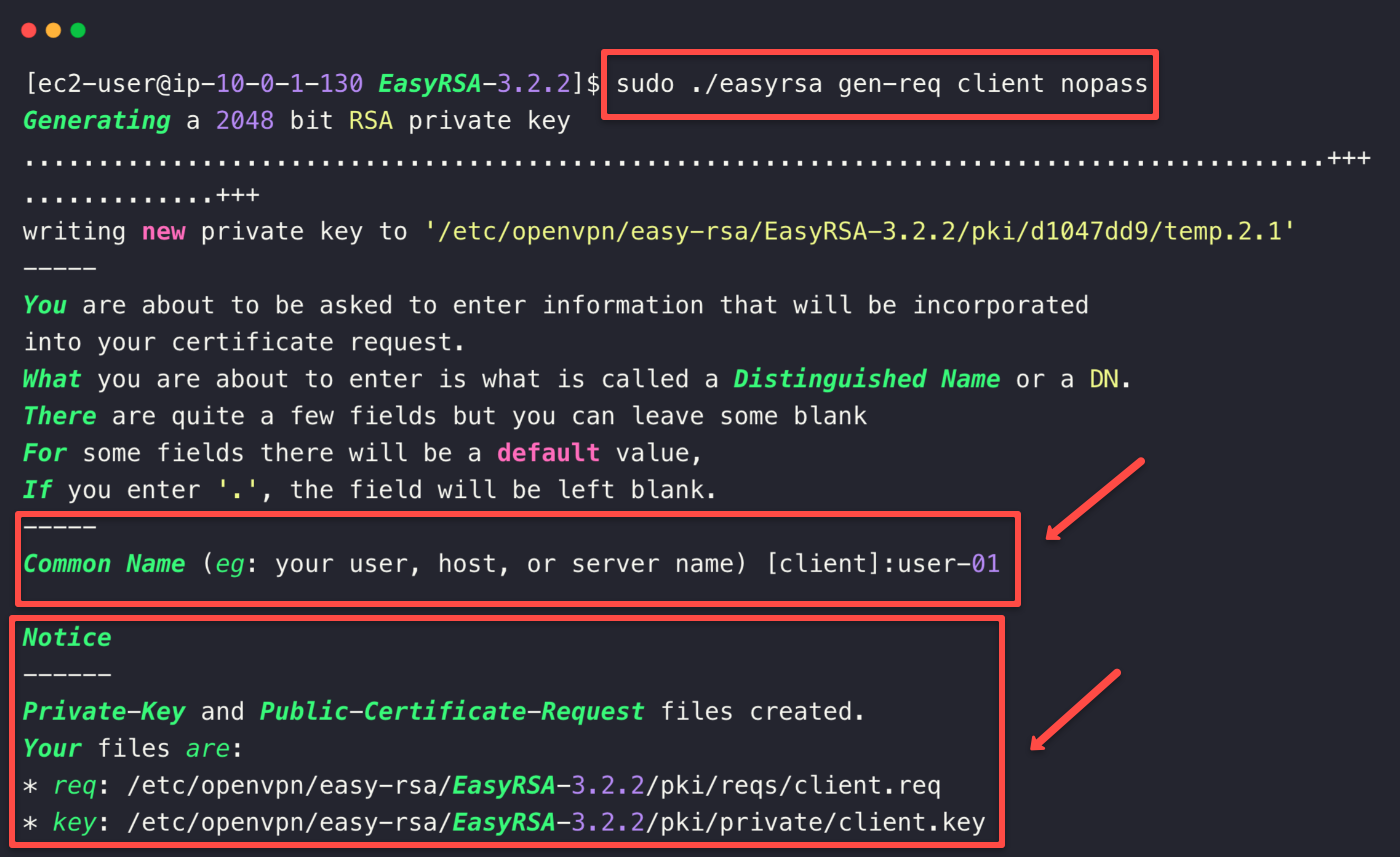 output of generating the client key for the openvpn access