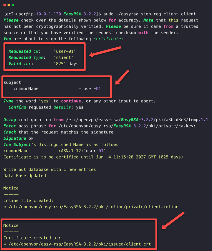 the signing output of the client certificate