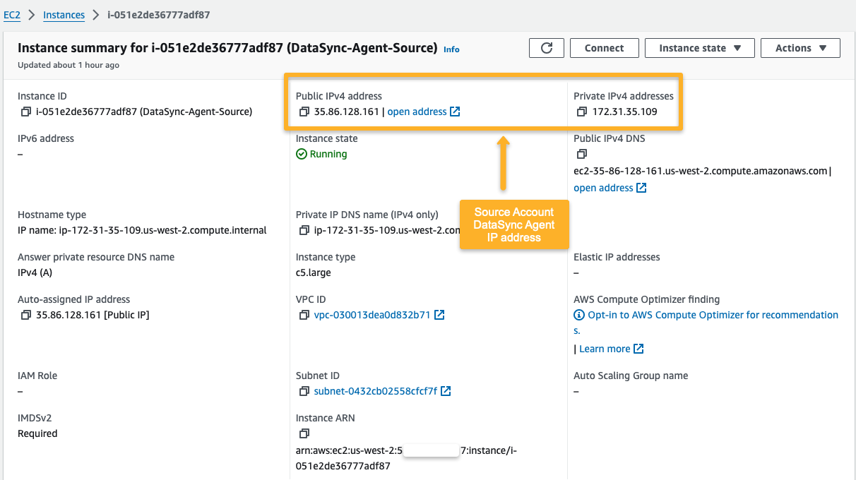 aws datasync agent instance details on the dashboard 