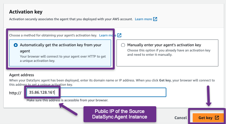 selecting the automatic key activation method for the datasync agent activation.