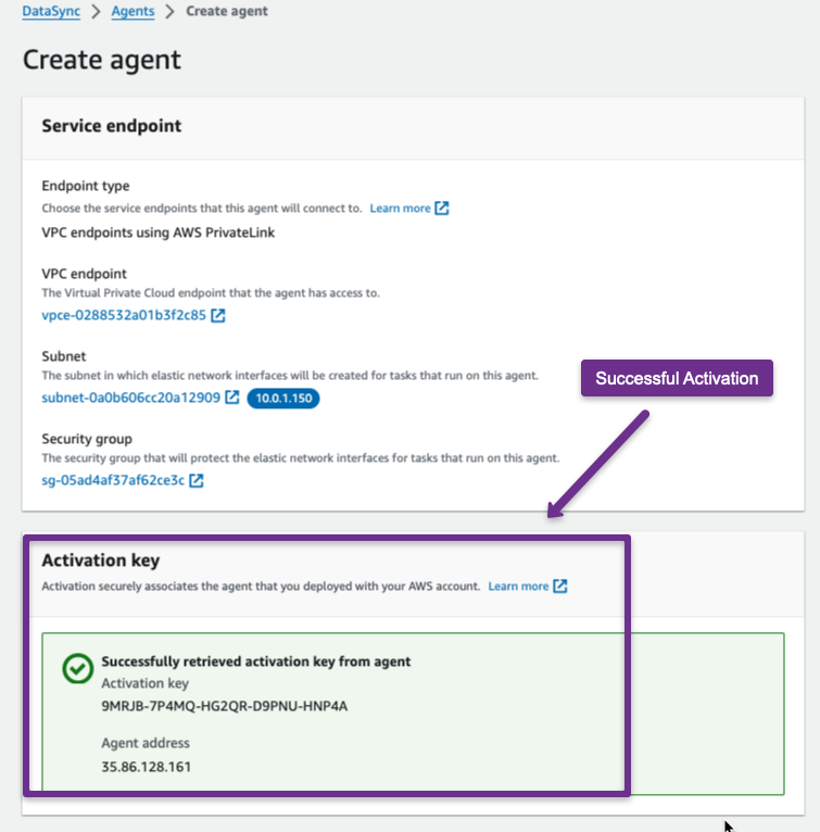 datasync agent activation mesaget after the successful activation.