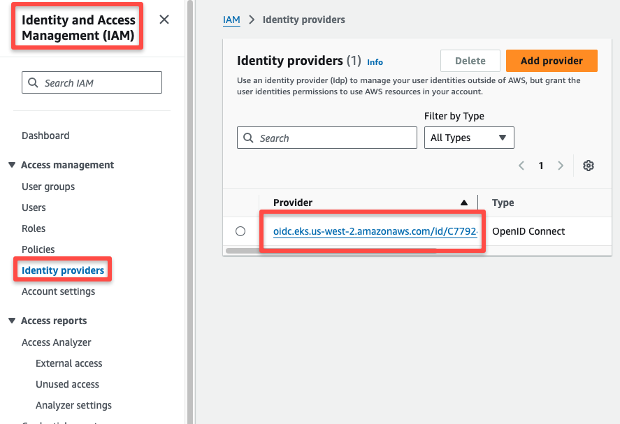 oidc provider id of the eks cluster from the iam console