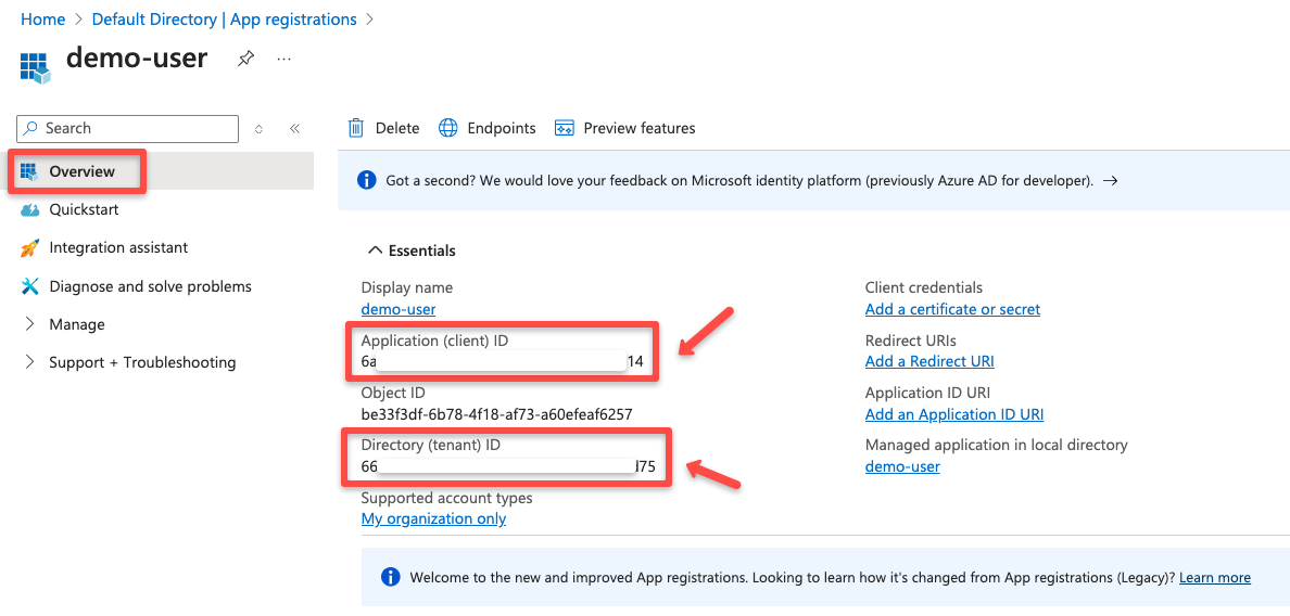 getting the application id and the directory id after creating the app registration