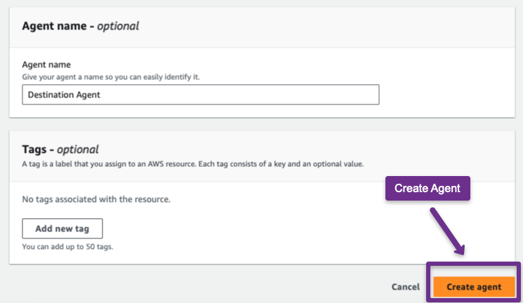 setting up the agent name for the datasync configuration.