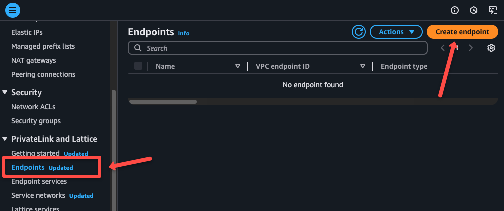 the vpc endpoint creation dashboard