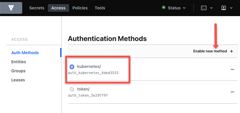 vault UI enable auth methods.