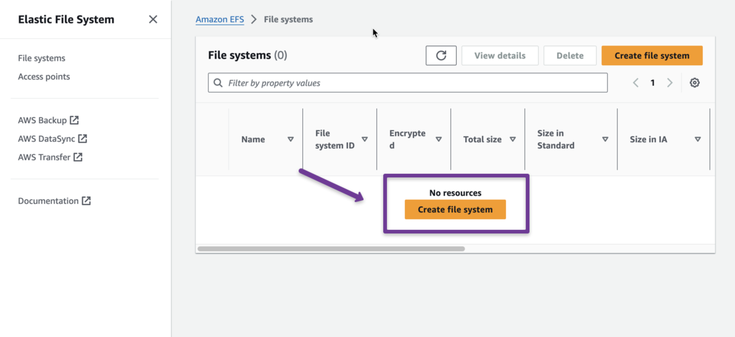 creation of the efs file system on the destination account for the migration from the source acocunt. 