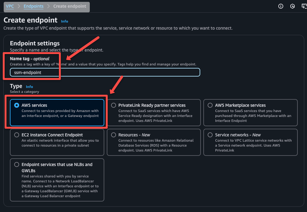 providing name and selectin the service type for the endpoint creation