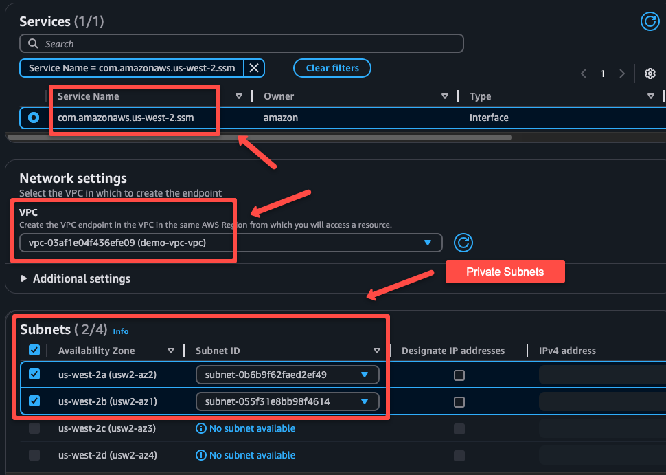 select the service and network settings such as vpc and private subnets