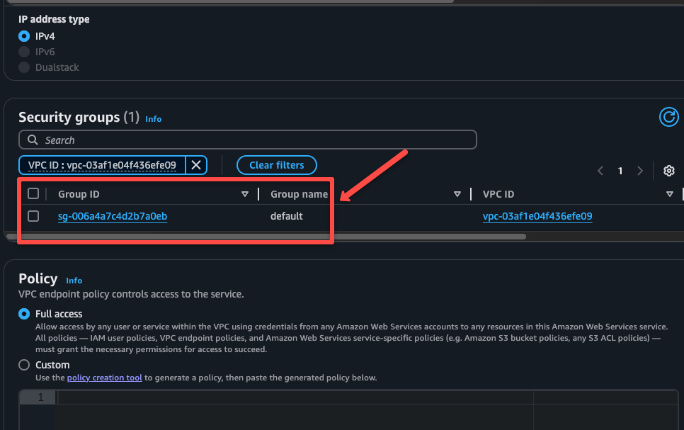 selecting the security group for the vpc endpoint creation