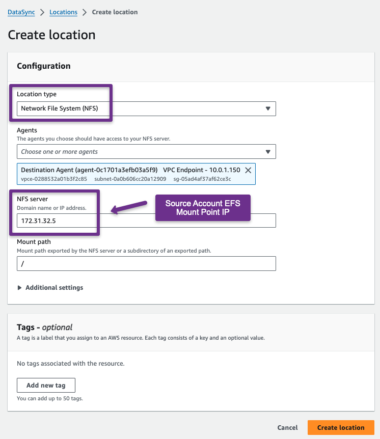 setting up datasync source location with its details such as location type, server address, and mount path