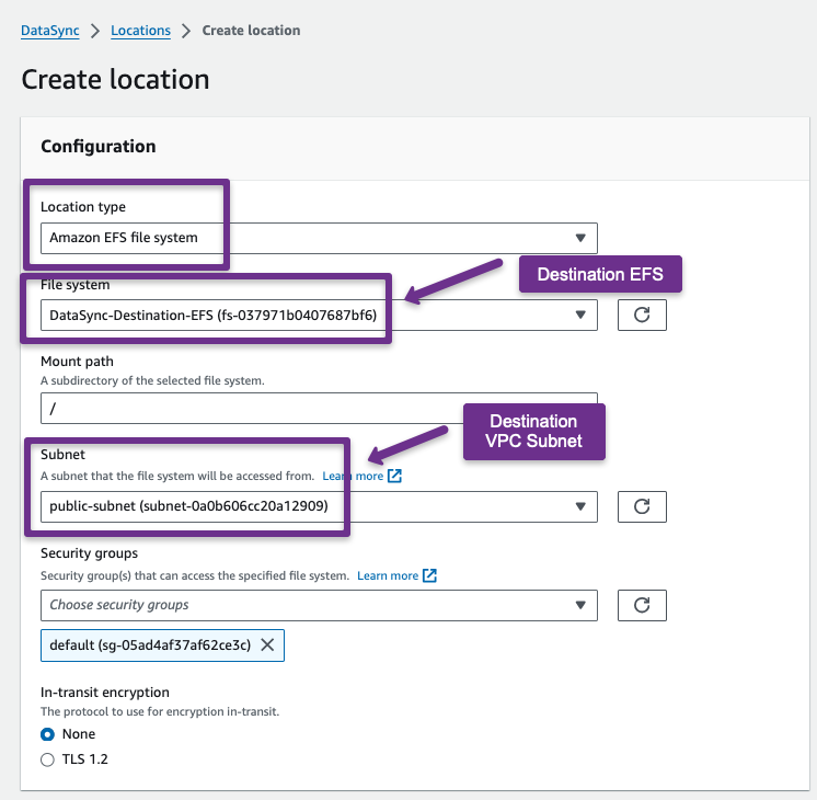 setting up datasync destination location with its details such as location type, server address, and mount path