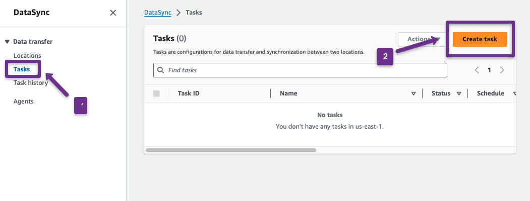 setting up the aws datasync task to migrate the data from the source to destination