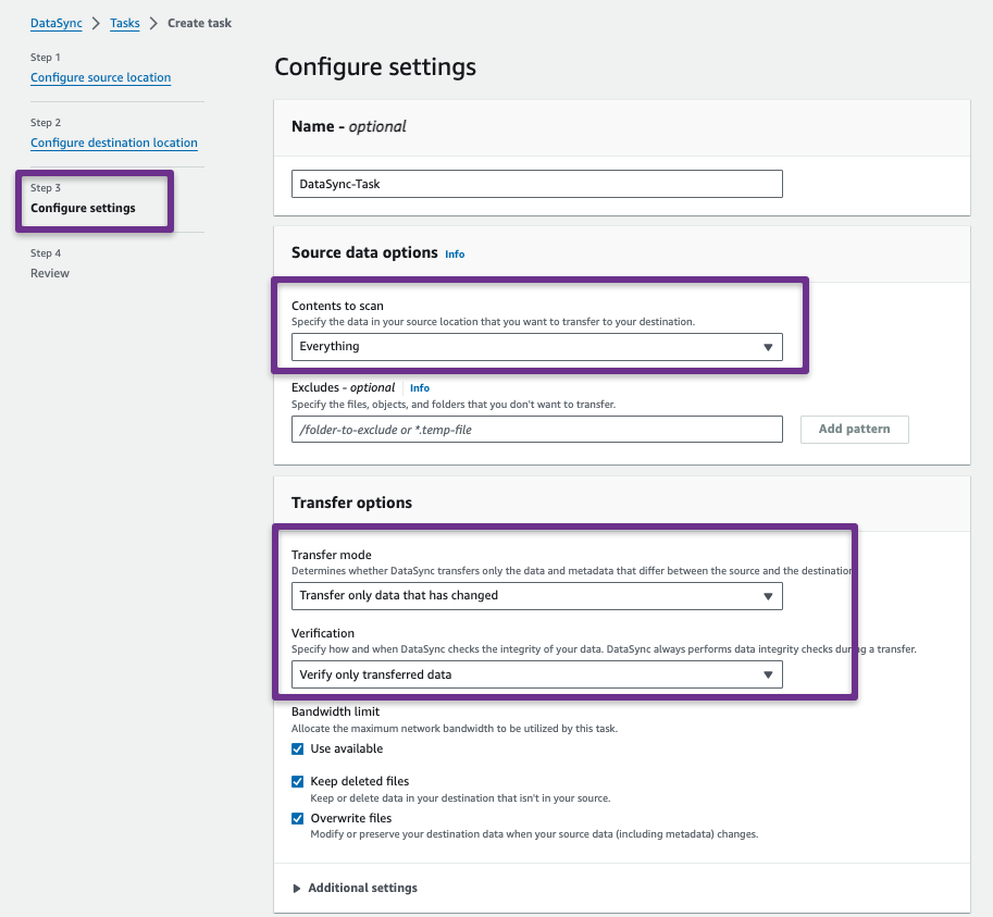 configuration settings for the datasync task such as source data options and transfer options. 