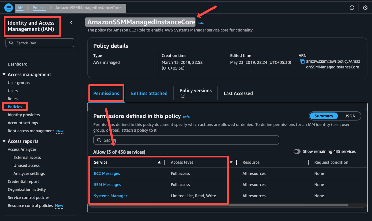 creating an instance profile for the ec2 instance to configure with the AWS SSM