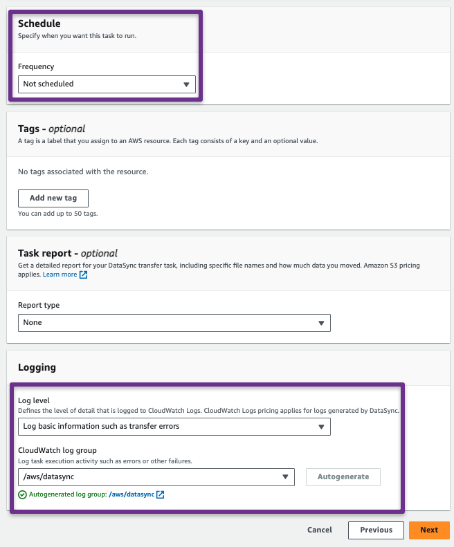 datasync task confuration such as scheduling, task report and logging. 