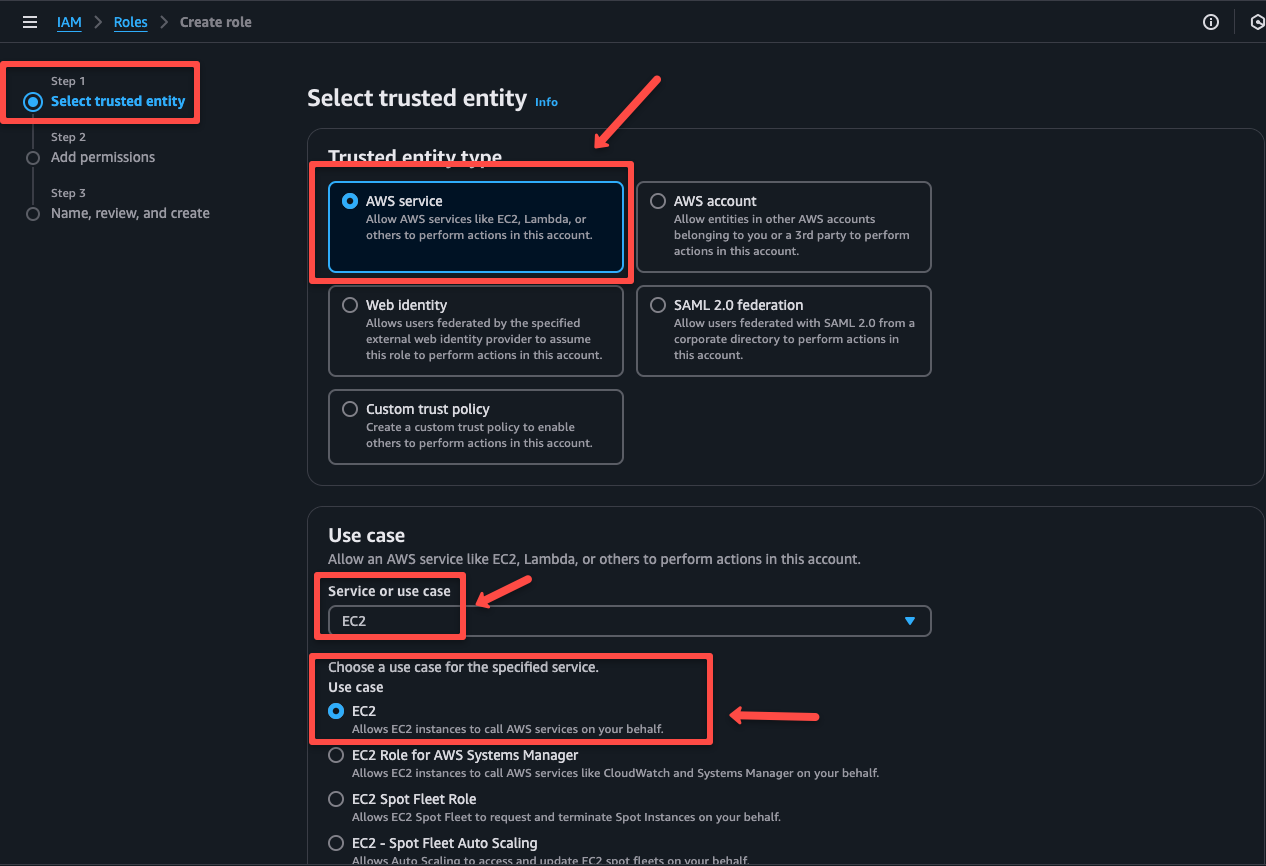 selecting trust entity for the role to create instance profile