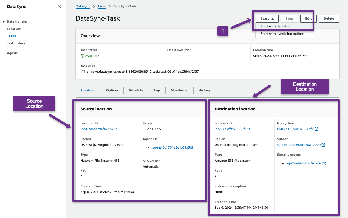 aws datasync task dashboard and the configuration details of the source and destination locations.