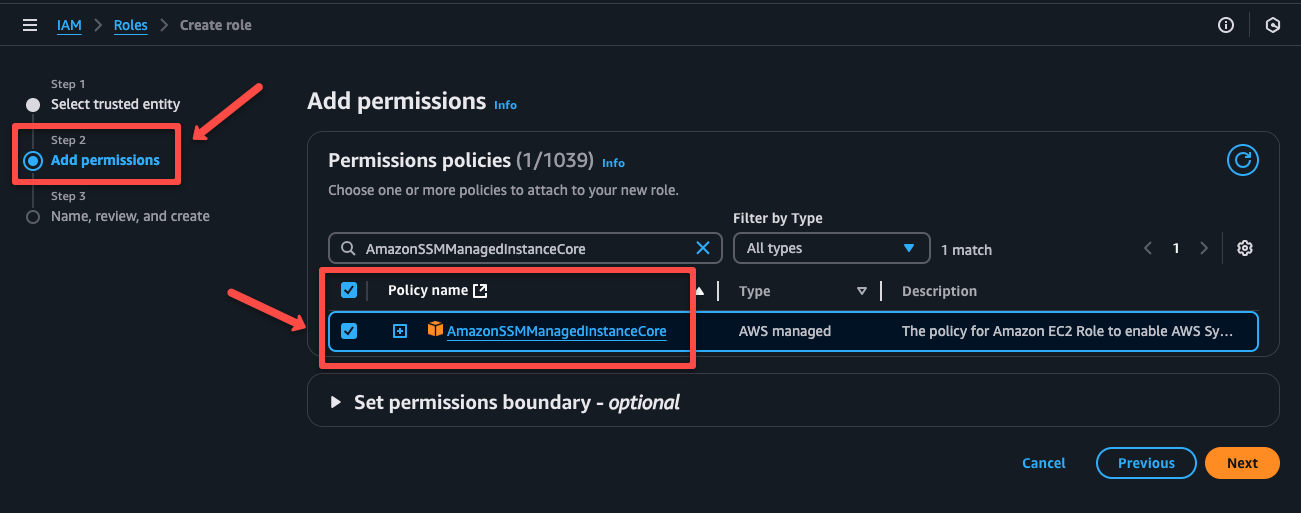 selecting the ssm policy to attach with the instance profile