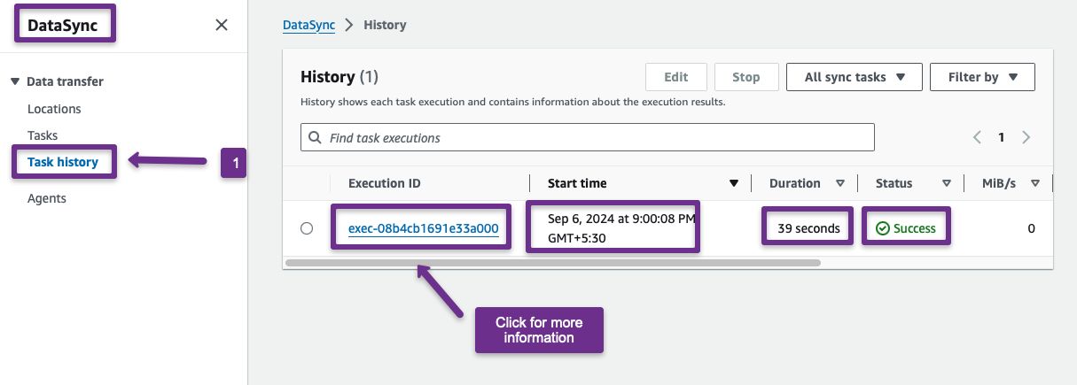 aws datasync task history and execution details of the task