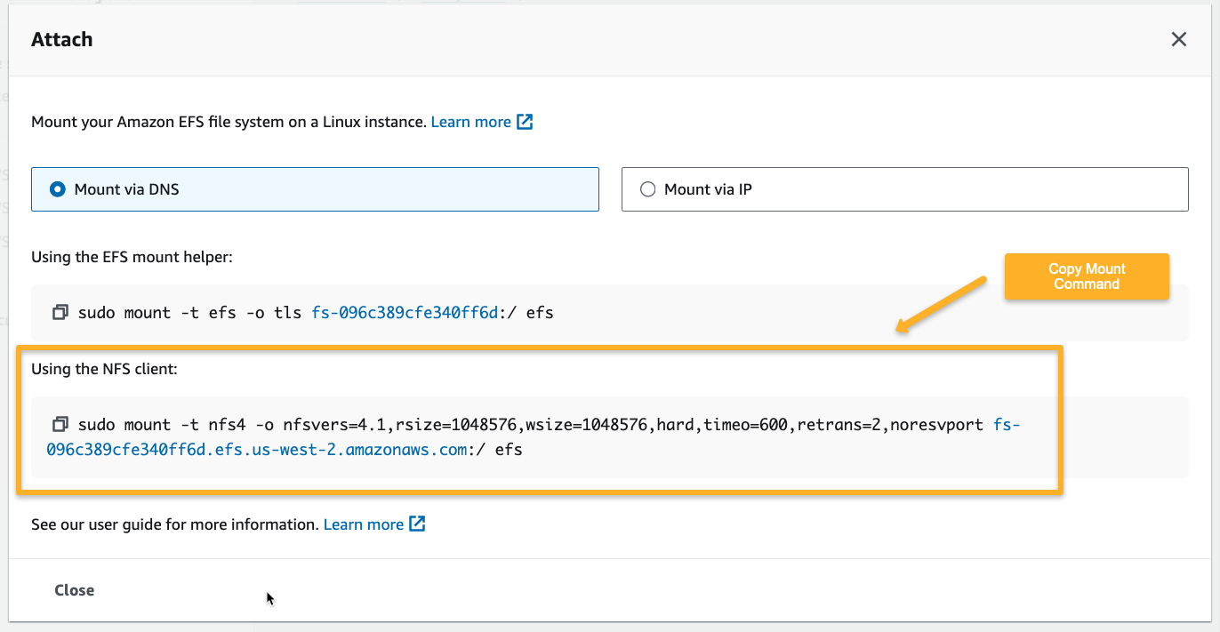 source account efs mount commands with the efs dns name.