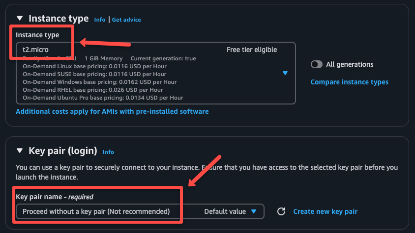 selecting insrtance type and key for the instance creation