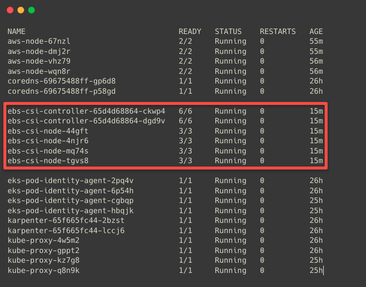 the list of available pods of the kube-system namespace including the ebs csi driver controller and driver pods