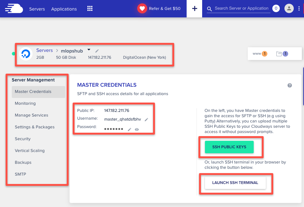 Cloudways server management console