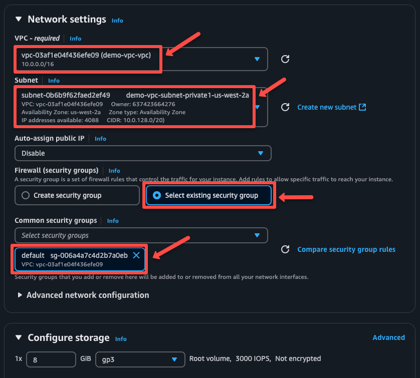 selecting the network configurations such as vpc, private subnet and security group