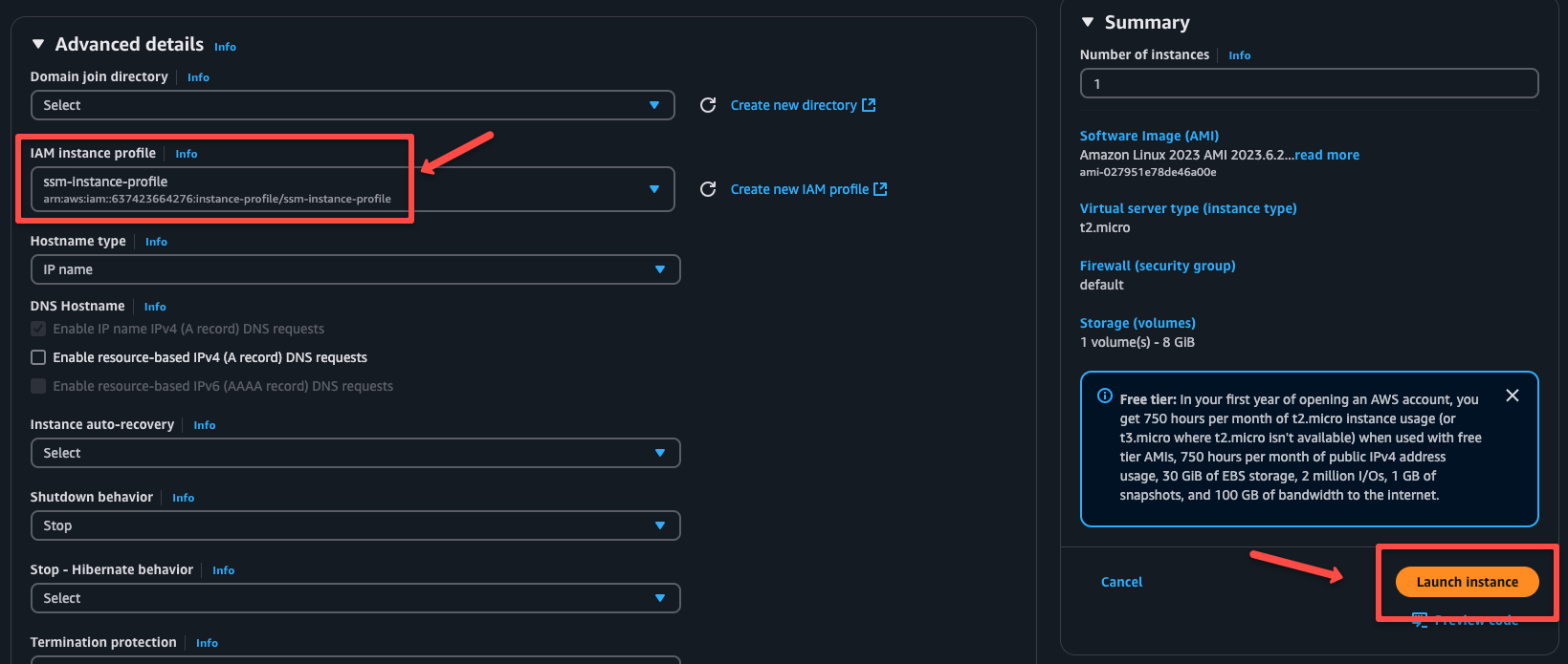 in the advanced section, selecting the instance profile