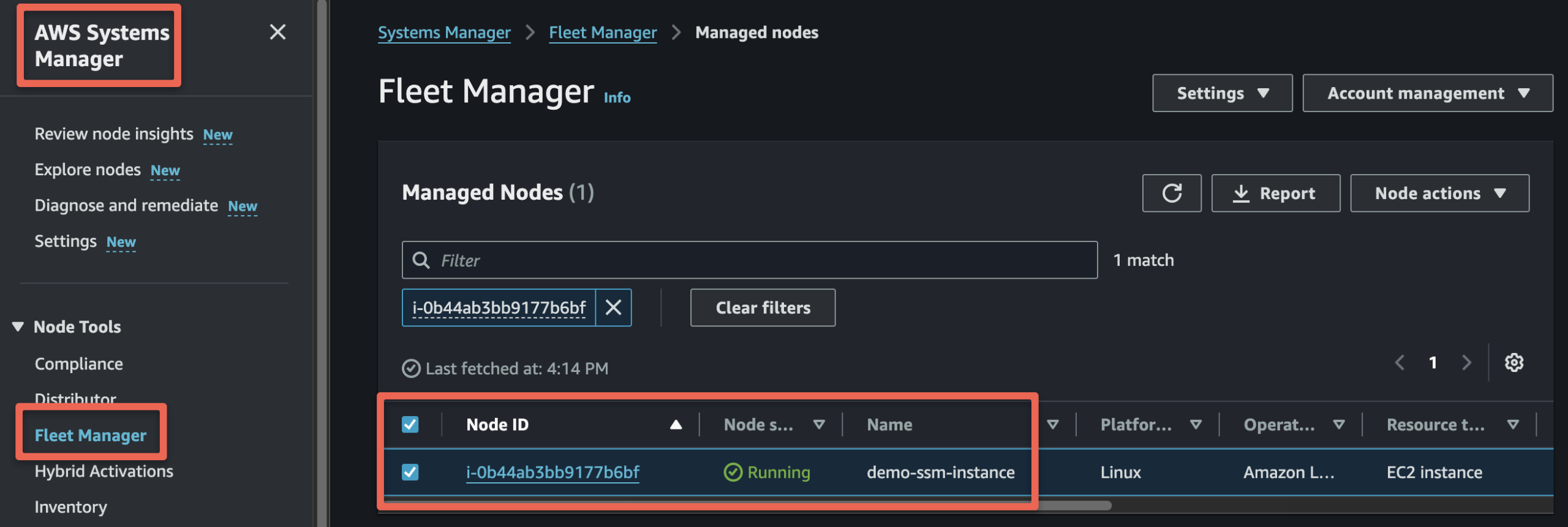 systems manager dashboard to see the registered ec2 instance