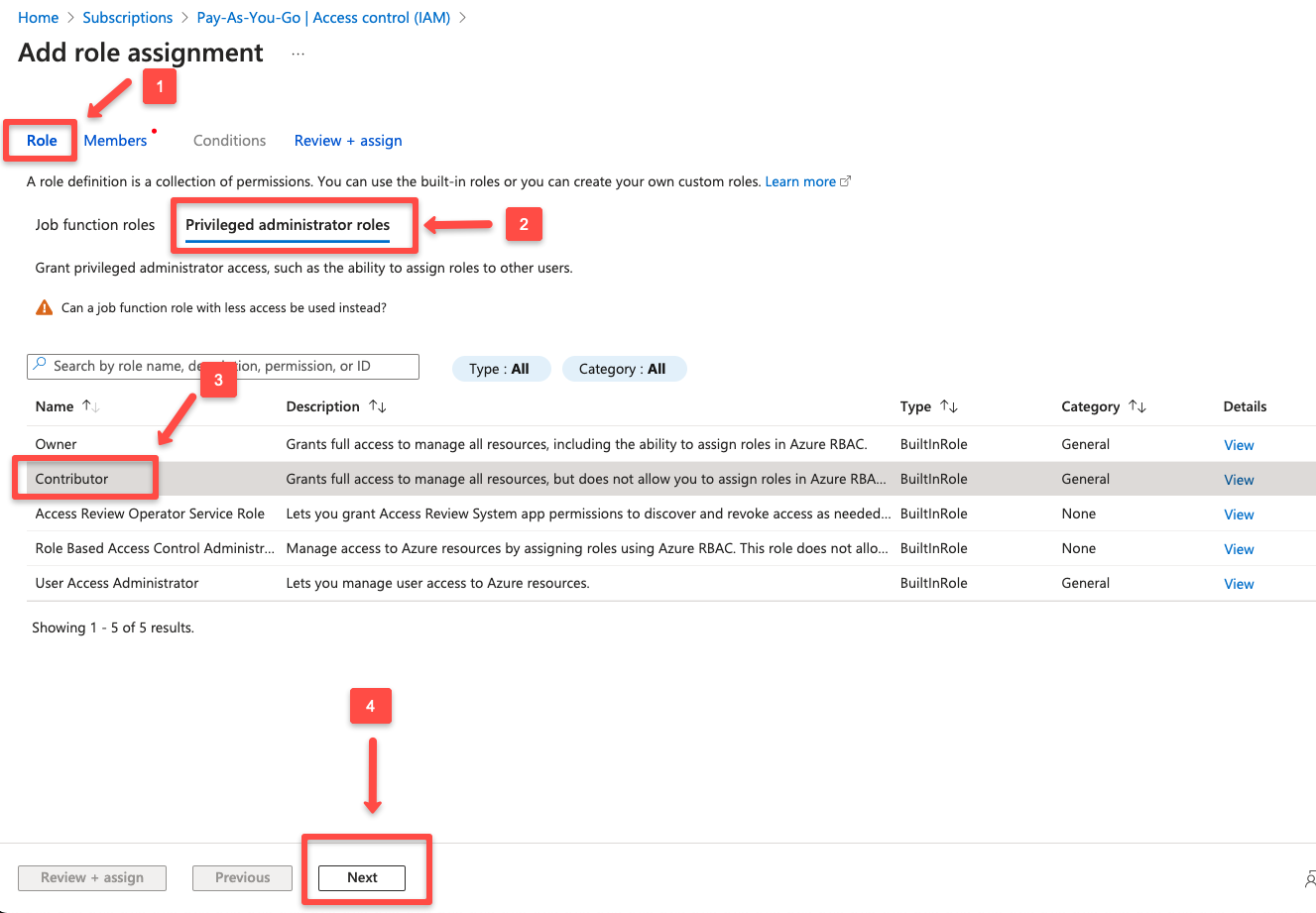 selecting the contributor role for the app registration
